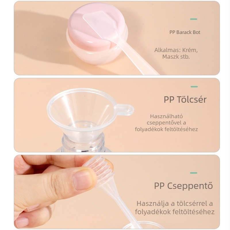 11 részes utazó méretű újratölthető palack készlet samponhoz, tusfürdőhöz, lotionhoz és spray-hez
