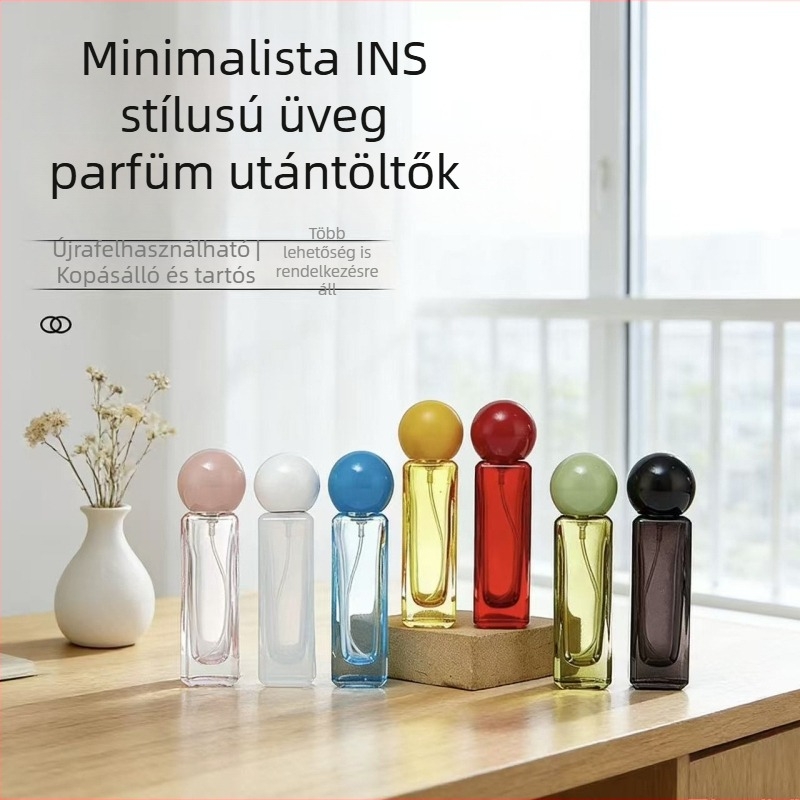Színes üveg parfümös flakon pumpás permetezővel, 30 ml, hordozható, üres