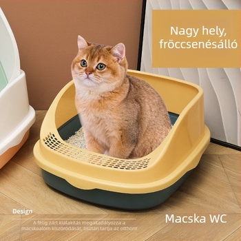 Macskaalomtál félig zárt kialakítással, magas oldalakkal, cseppálló a kiscicák számára, ABS műanyagból