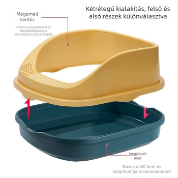 Macskaalomtál félig zárt kialakítással, magas oldalakkal, cseppálló a kiscicák számára, ABS műanyagból
