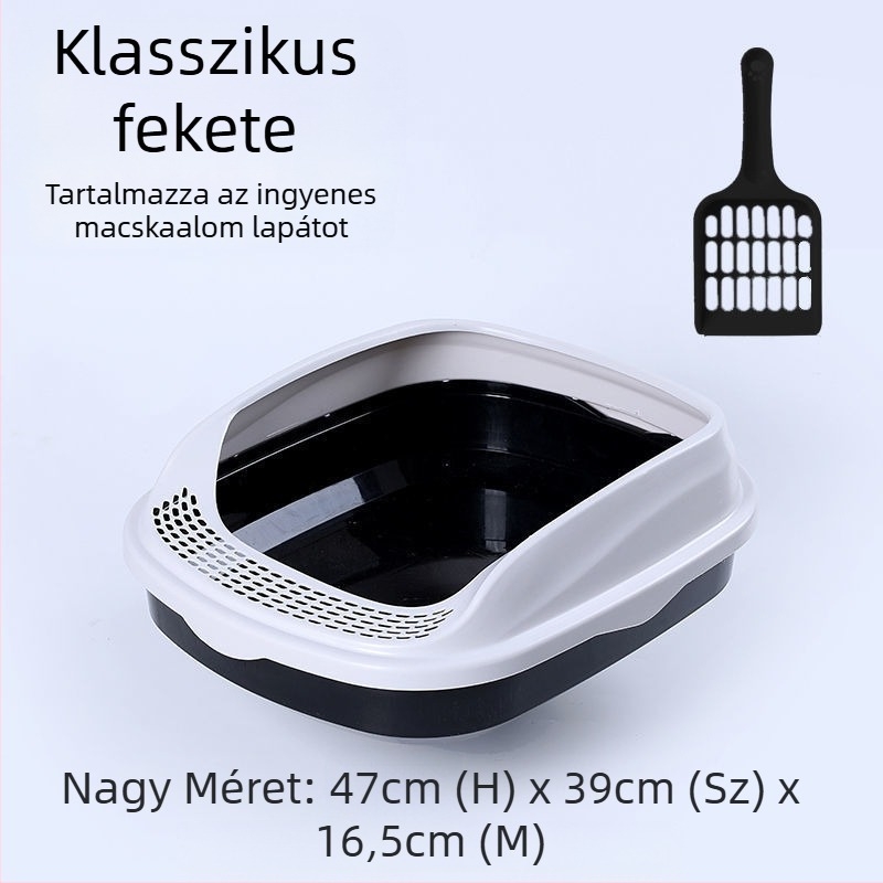 Macskaalomtál félig zárt kialakítással, magas oldalakkal, cseppálló a kiscicák számára, ABS műanyagból