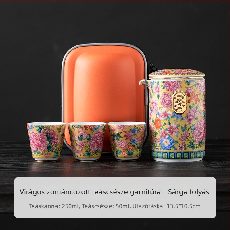 Hordozható utazási teáskészlet kerámia teáskannával és csészével, zománcozott színvilággal, retro kemping stílus.