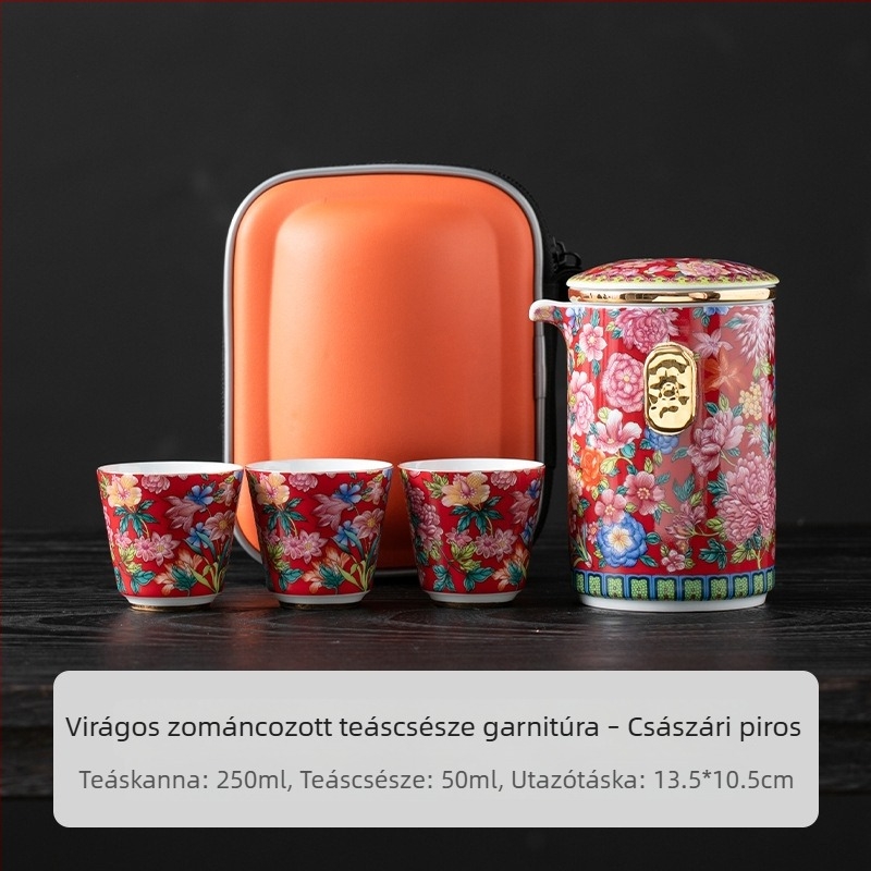Hordozható utazási teáskészlet kerámia teáskannával és csészével, zománcozott színvilággal, retro kemping stílus.