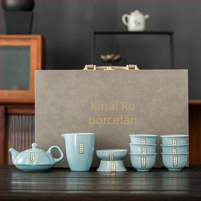 Ru Kiln Kung-Fu teáskészlet repesztett mázzal, ajándékdoboza, kerámia teáskanna 6 főre, testreszabható logó