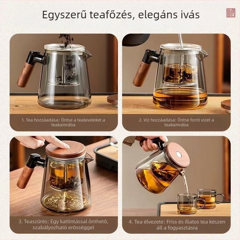 2026 Elegáns teás infúzor kanna, tea és víz elválasztással, teljes üveg belső tér