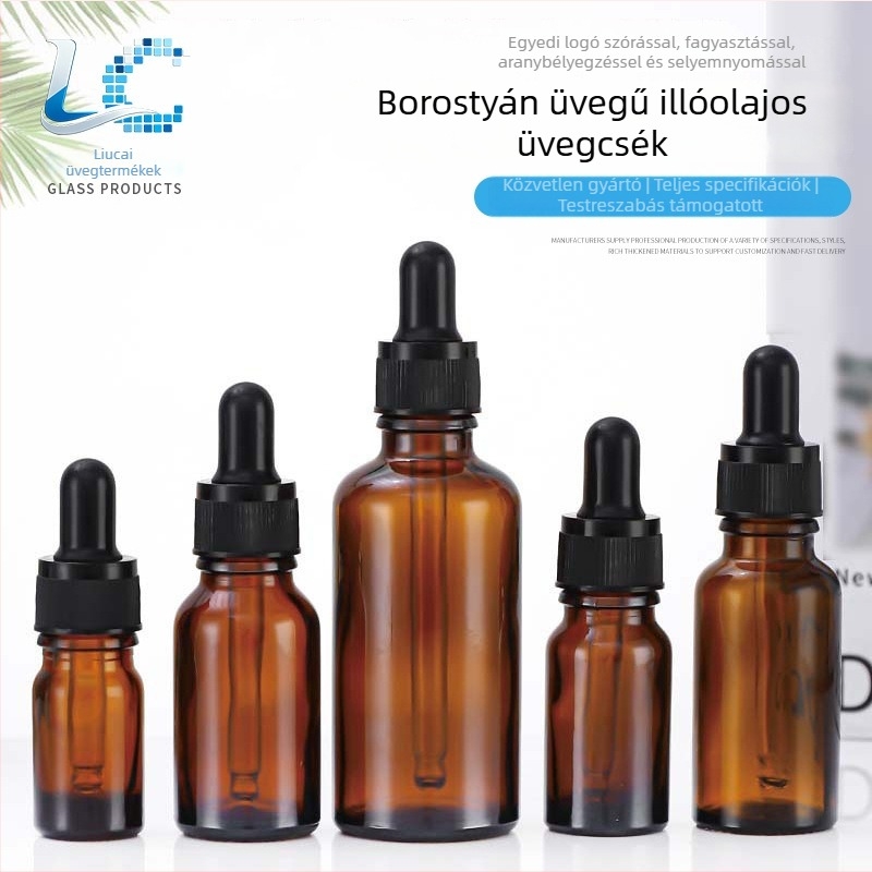 Barna üvegű készlet: 5 ml illóolaj üvegek, 10 ml csepegtetős üvegek, 30 ml parfüm újratöltő üvegek, 50 ml üres szérumüvegek