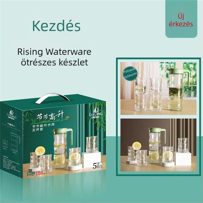 Üvegből készült öt részes készlet: hidegvíz-kancsó, teáskanna és üvegpoharak