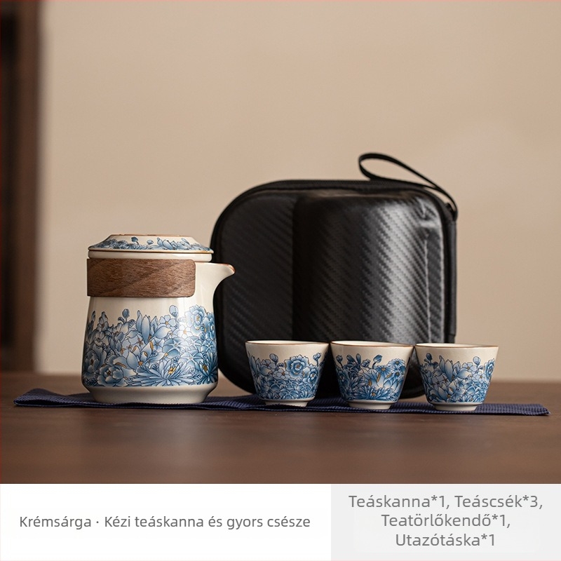 Beige Ru Kiln utazó teáskészlet: egy teáskanna, három csésze, kültéri hordozható teáin̋fúzor szűrővel, utazótáska.