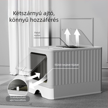 Teljesen zárt rozsdamentes acél macskaalomtál, extra nagy méret, fiókos kialakítás, spriccelés elleni, dezodoráló, sterilizáló