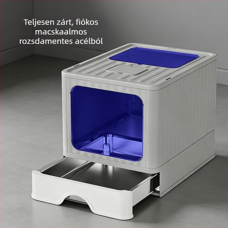 Teljesen zárt rozsdamentes acél macskaalomtál, extra nagy méret, fiókos kialakítás, spriccelés elleni, dezodoráló, sterilizáló