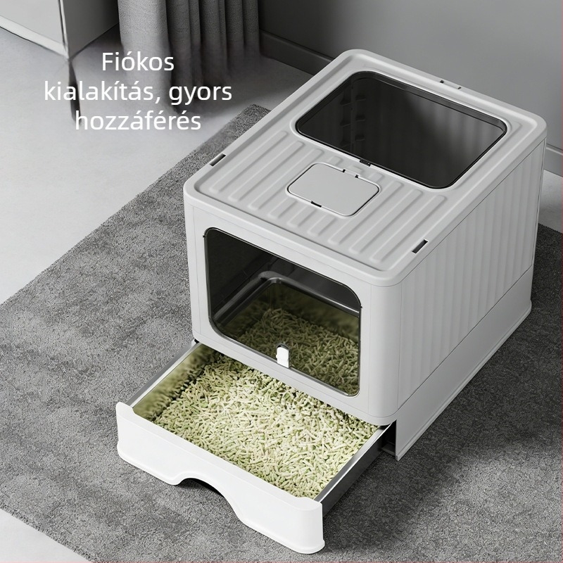 Teljesen zárt rozsdamentes acél macskaalomtál, extra nagy méret, fiókos kialakítás, spriccelés elleni, dezodoráló, sterilizáló
