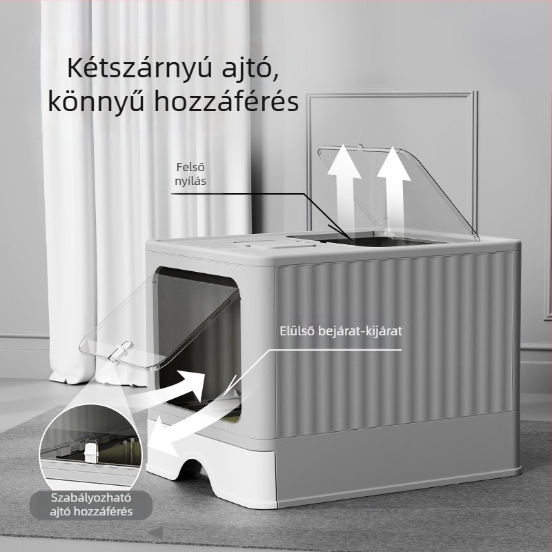 Teljesen zárt rozsdamentes acél macskaalomtál, extra nagy méret, fiókos kialakítás, spriccelés elleni, dezodoráló, sterilizáló