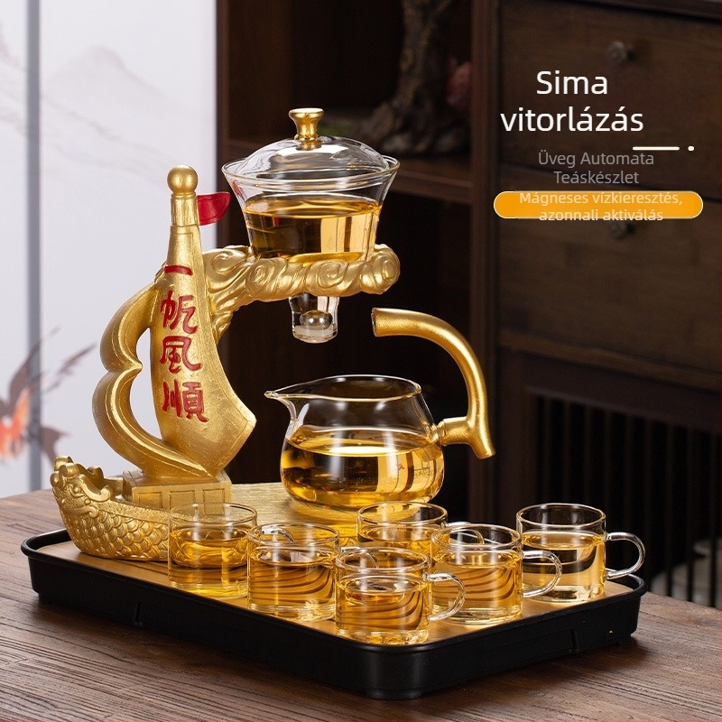 Hőálló üvegből készült automata teáskészlet teáskannával – otthonra és irodába – modern minimál stílus