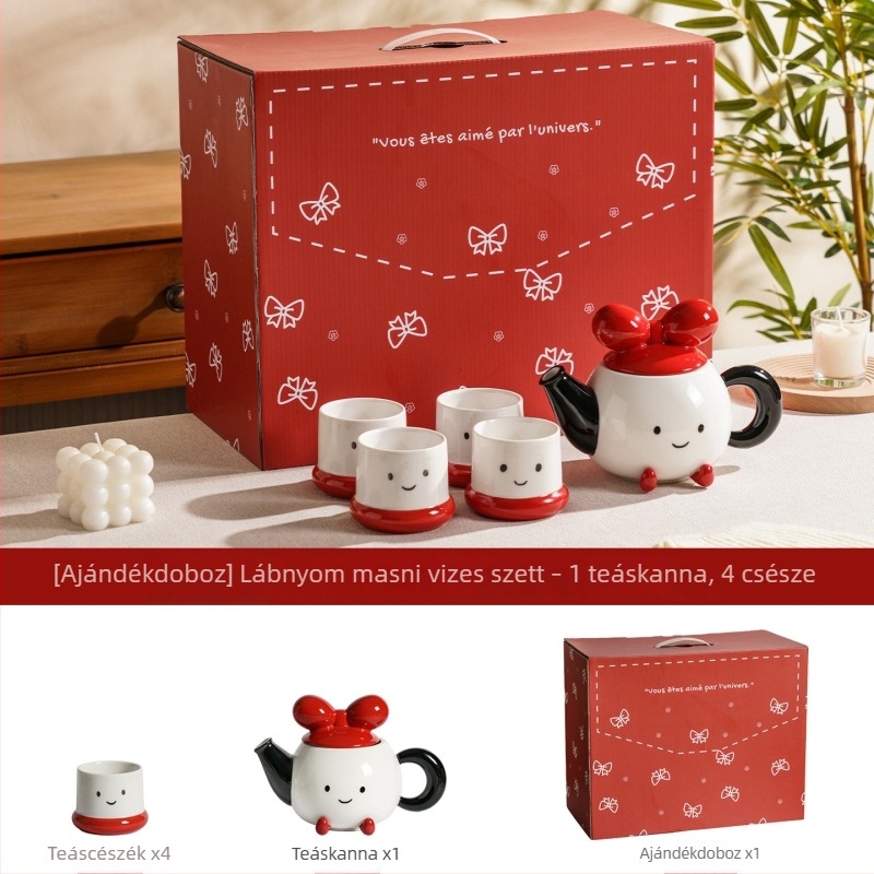 Talpas porcelán teáskészlet teáskannával és csészékkel, díszdobozban