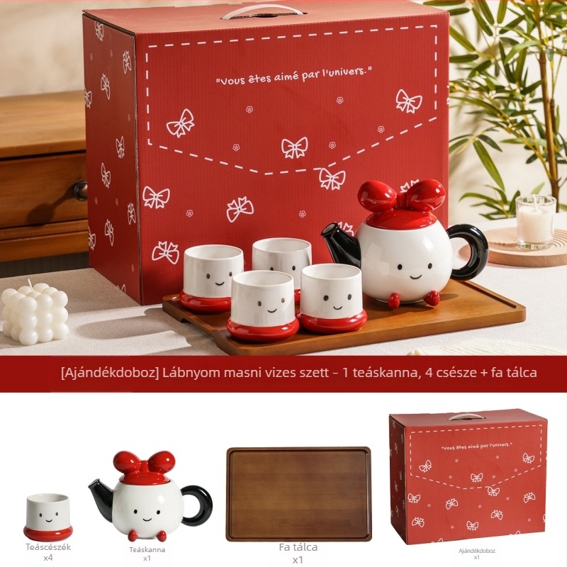 Talpas porcelán teáskészlet teáskannával és csészékkel, díszdobozban