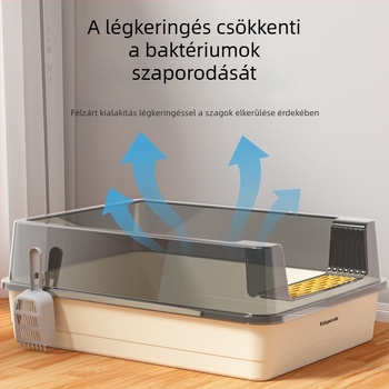Extra nagy félzárt macskaalomtálca magasított oldalakkal, nyitott felső résszel a talajszóródás megelőzésére
