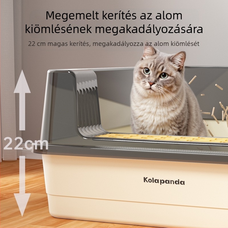 Extra nagy félzárt macskaalomtálca magasított oldalakkal, nyitott felső résszel a talajszóródás megelőzésére