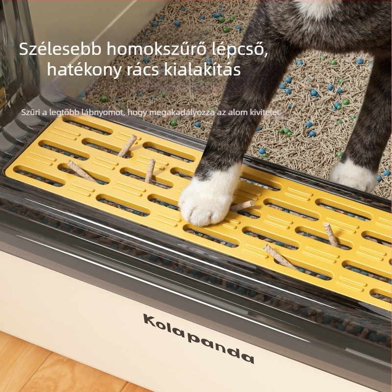 Extra nagy félzárt macskaalomtálca magasított oldalakkal, nyitott felső résszel a talajszóródás megelőzésére