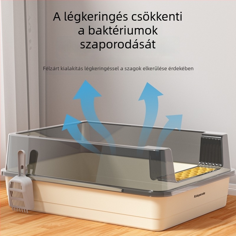 Extra nagy félzárt macskaalomtálca magasított oldalakkal, nyitott felső résszel a talajszóródás megelőzésére