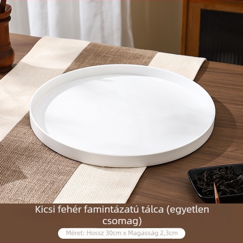 Kerek PP műanyag tál fa mintázatú felülettel – teás- és italos tálca, gyümölcs- és kenyértál, háztartási és hotel szobai felhasználásra