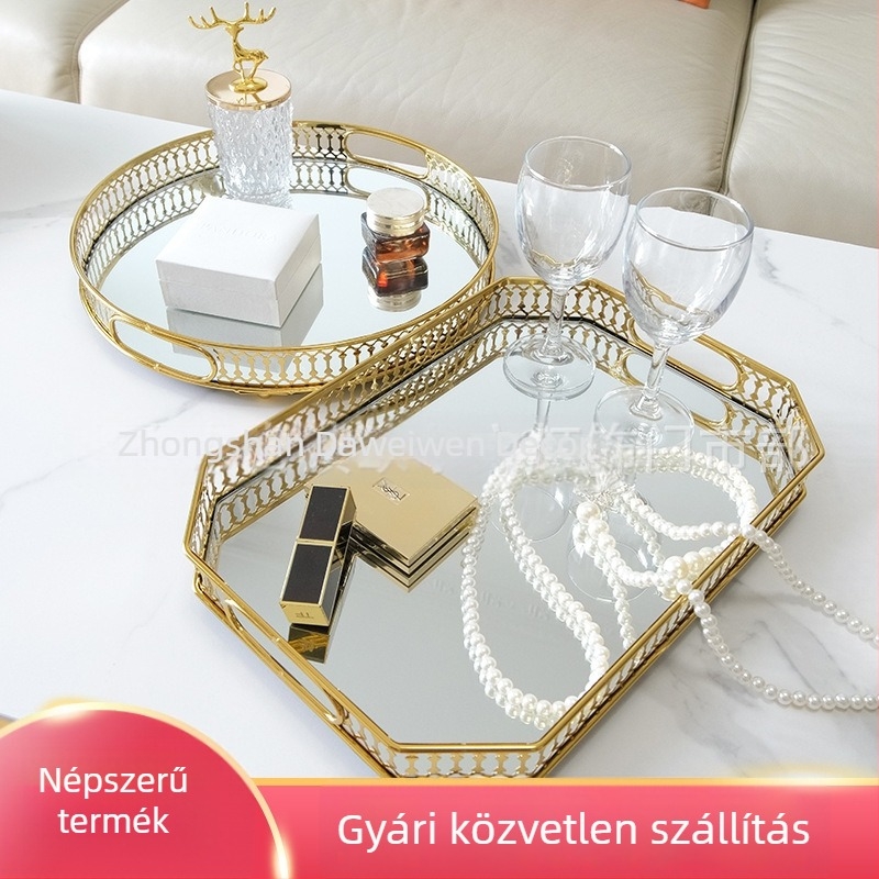 Európai stílusú üveg tükrös tálca, fémtárolóval, nappali dohányzóasztalhoz, teás és víz tálca, gyümölcstál