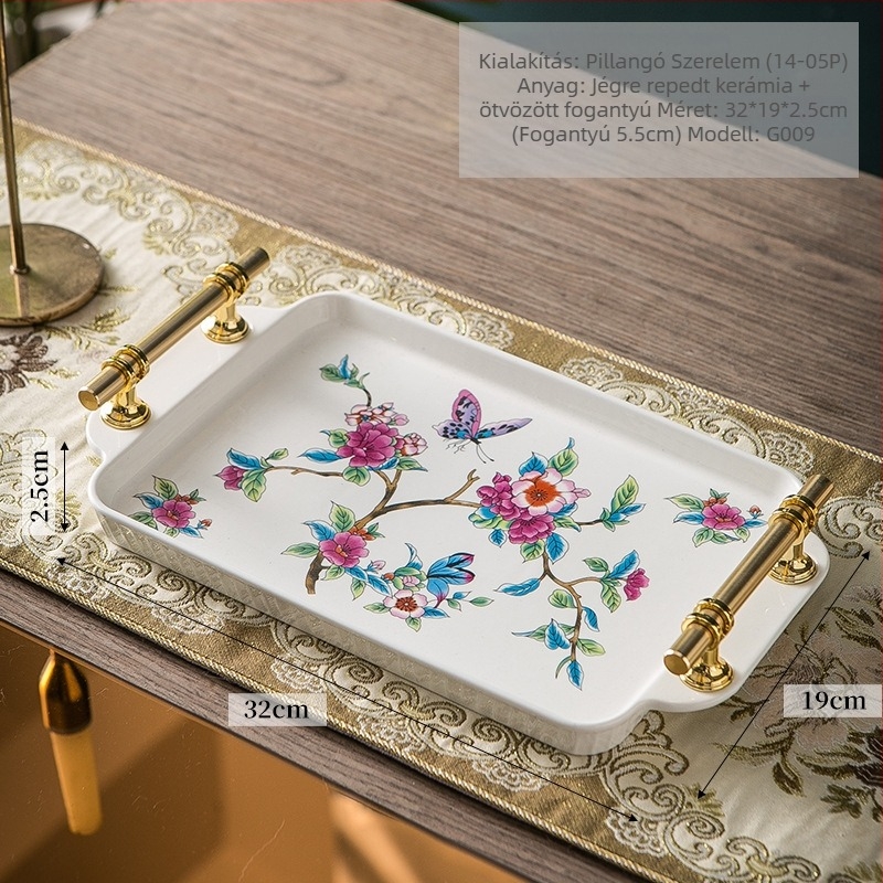 Porcelán teás tálca, európai–amerikai stílus, retro, téglalap alakú tároló tál otthoni használatra, kézzel készített