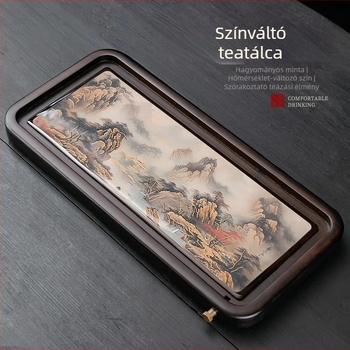Színváltós bambusz teás tálca víztároló és vízelvezető funkcióval, tájképi kínai teáskészlethez, kis szárító tálca