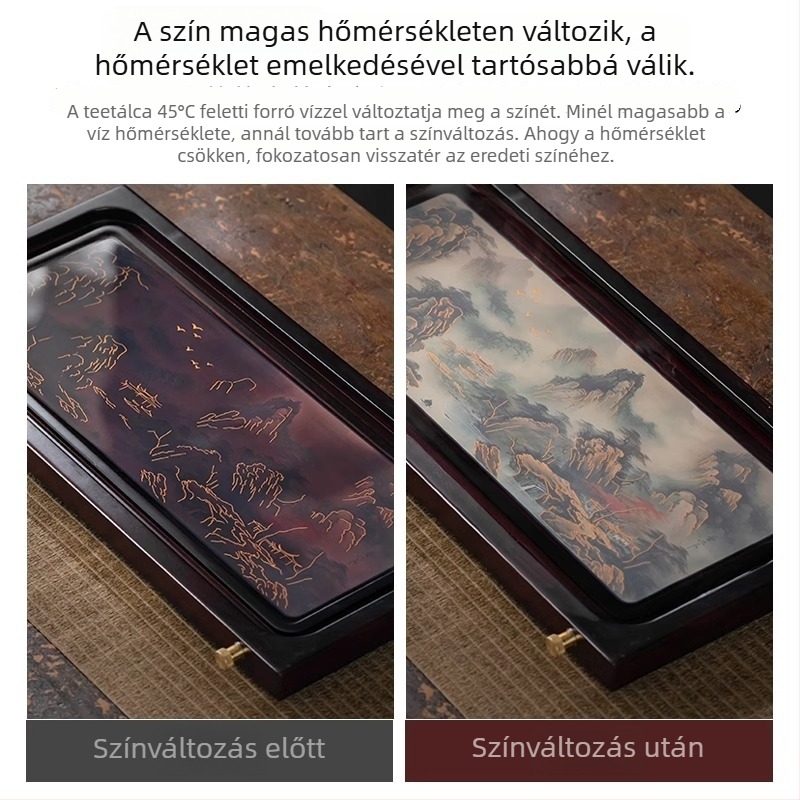 Színváltós bambusz teás tálca víztároló és vízelvezető funkcióval, tájképi kínai teáskészlethez, kis szárító tálca