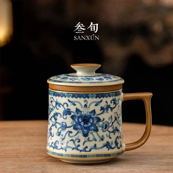 Kék-fehér Ru kiln porcelán teáscsésze fedővel, teavíz elválasztó pohár otthoni készítéshez és irodai használatra