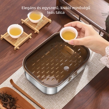 Rozsdamentes acél teáskészlet téglalap alakú tálcával – minimalistikus kung-fu teáskészlet kültéri és otthoni használatra