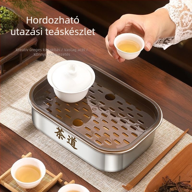 Rozsdamentes acél teáskészlet téglalap alakú tálcával – minimalistikus kung-fu teáskészlet kültéri és otthoni használatra