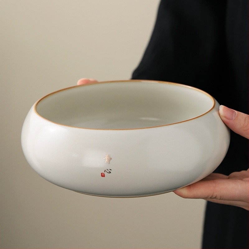 Ru kiln bézs teáskészlet otthoni teaceremóniához — nagy teázó tálca, maradék tealevelek tartálya, víz edény, csésze öblítő, teakeverő eszközök