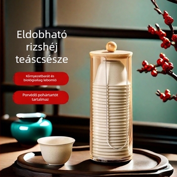 Egyszer használatos teás pohár, 60 ml, vastagított, hőálló, rizshéjból készült pohár, teáskészlethez tartóállvánnyal