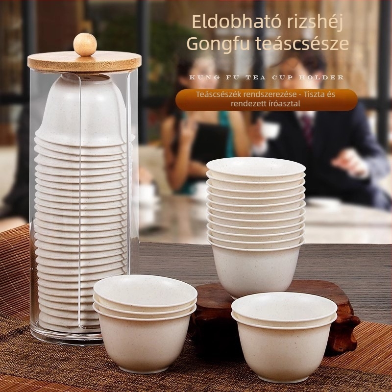 Egyszer használatos teás pohár, 60 ml, vastagított, hőálló, rizshéjból készült pohár, teáskészlethez tartóállvánnyal