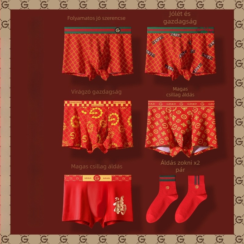 Férfi boxer brief a születési évhez, 100% pamut, piros, antibakteriális, ajándékdobozban