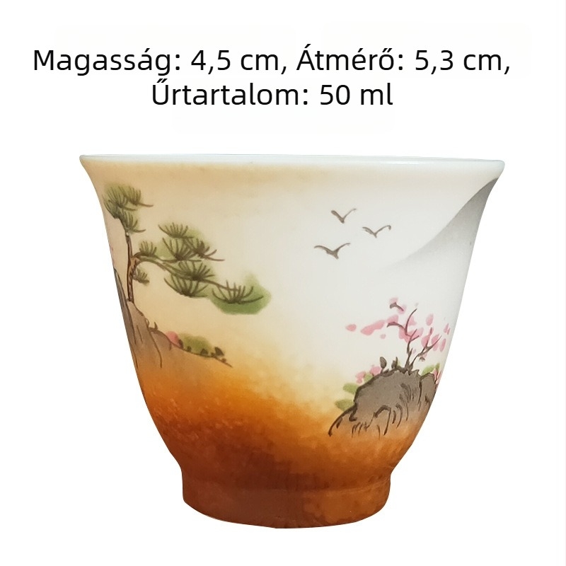 Fehér porcelán teáscsésze kézzel festett tájképpel, japán illusztrációval, kerámia gongfu teáscsésze, retro kis teáscsésze.