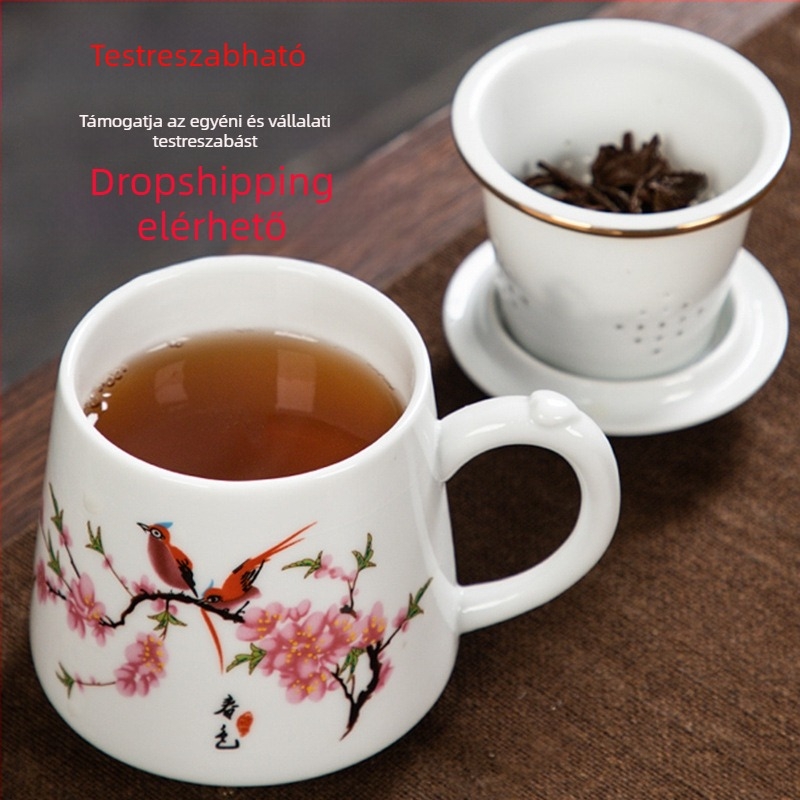 Kerámiás teáscsésze fedővel és szűrővel, tea–víz elválasztás, nagy kapacitású irodai teáscsésze, ajándék tea ceremóniához