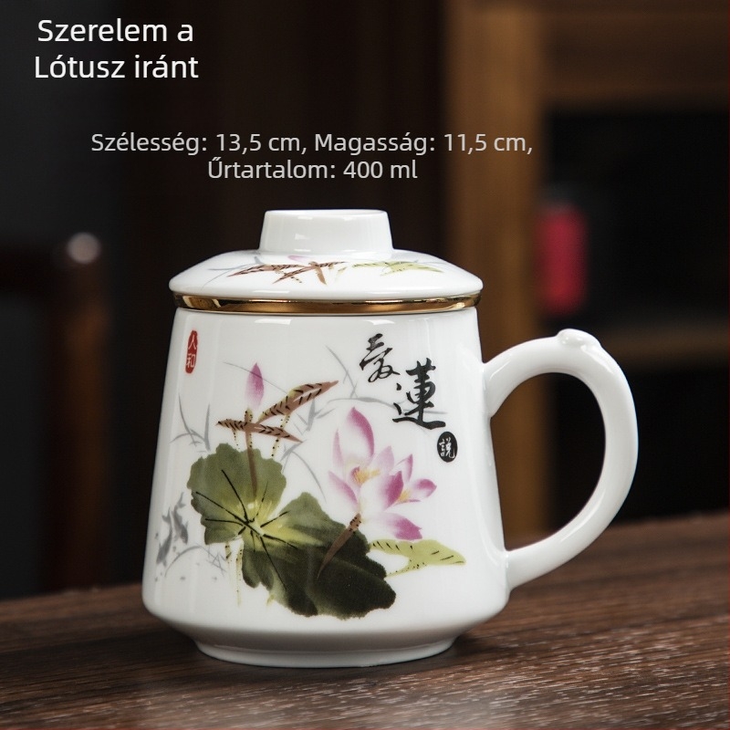 Kerámiás teáscsésze fedővel és szűrővel, tea–víz elválasztás, nagy kapacitású irodai teáscsésze, ajándék tea ceremóniához