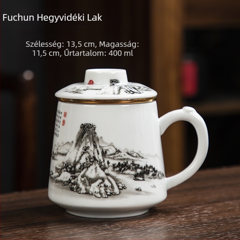 Kerámiás teáscsésze fedővel és szűrővel, tea–víz elválasztás, nagy kapacitású irodai teáscsésze, ajándék tea ceremóniához