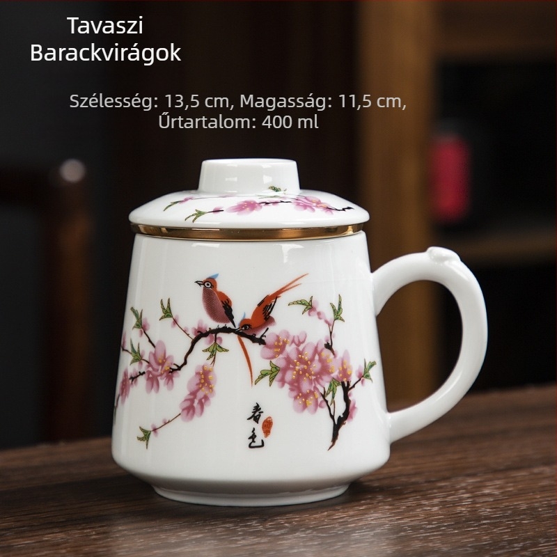 Kerámiás teáscsésze fedővel és szűrővel, tea–víz elválasztás, nagy kapacitású irodai teáscsésze, ajándék tea ceremóniához
