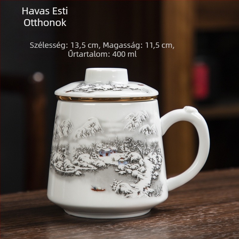 Kerámiás teáscsésze fedővel és szűrővel, tea–víz elválasztás, nagy kapacitású irodai teáscsésze, ajándék tea ceremóniához