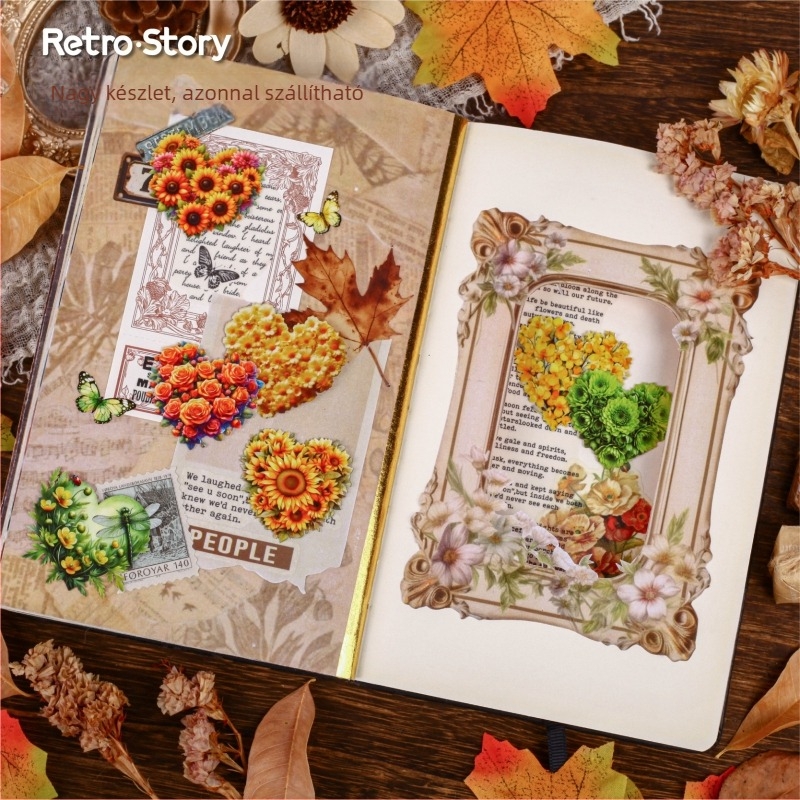 Retro Story Szív- és Virág Sorozat Matricák Naplóhoz – Dekoratív Háttér Készlet