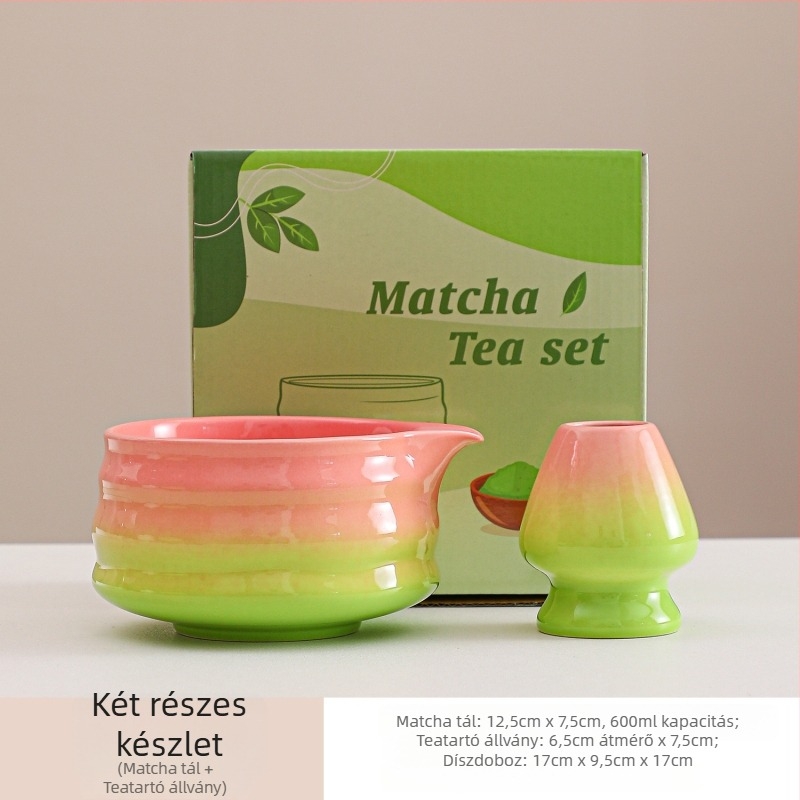 Gradient rózsaszín-zöld japán kerámia matcha tálakból álló két darabos készlet habverővel és szájjal