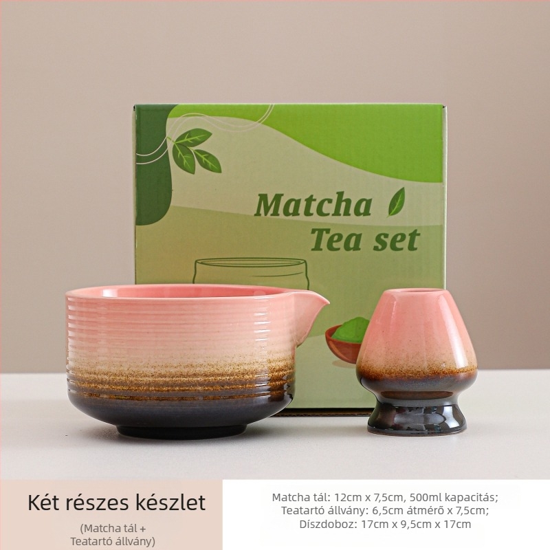 Gradient rózsaszín-zöld japán kerámia matcha tálakból álló két darabos készlet habverővel és szájjal