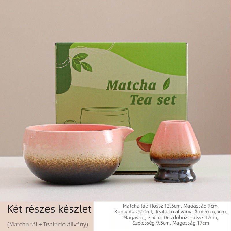 Gradient rózsaszín-zöld japán kerámia matcha tálakból álló két darabos készlet habverővel és szájjal