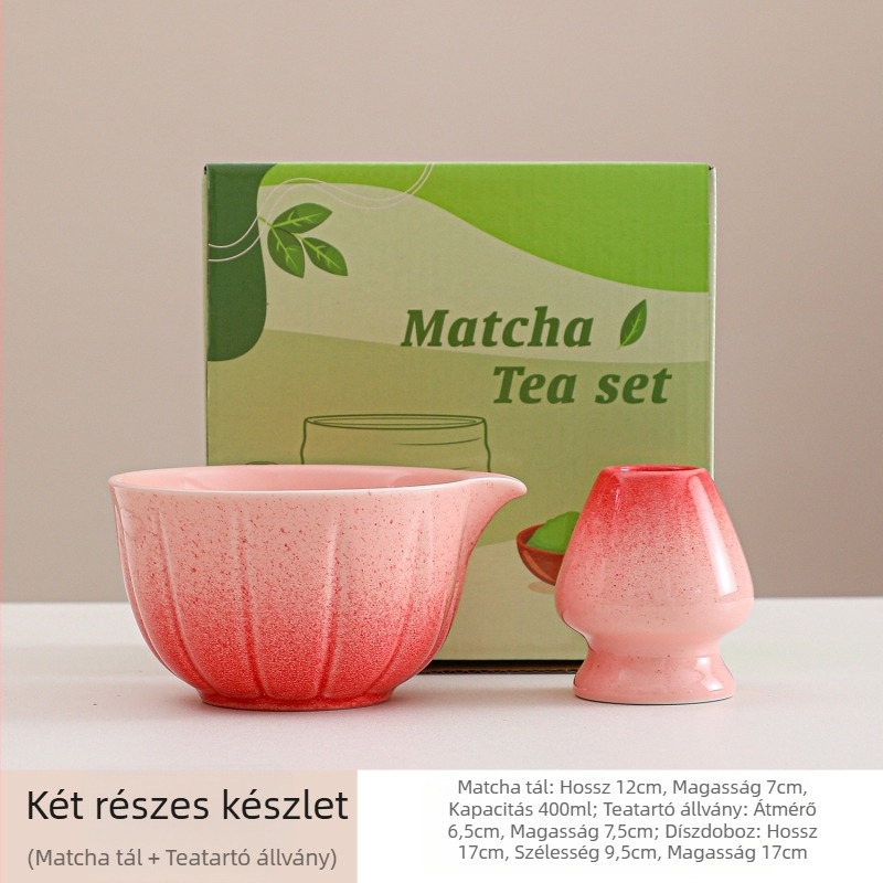 Gradient rózsaszín-zöld japán kerámia matcha tálakból álló két darabos készlet habverővel és szájjal