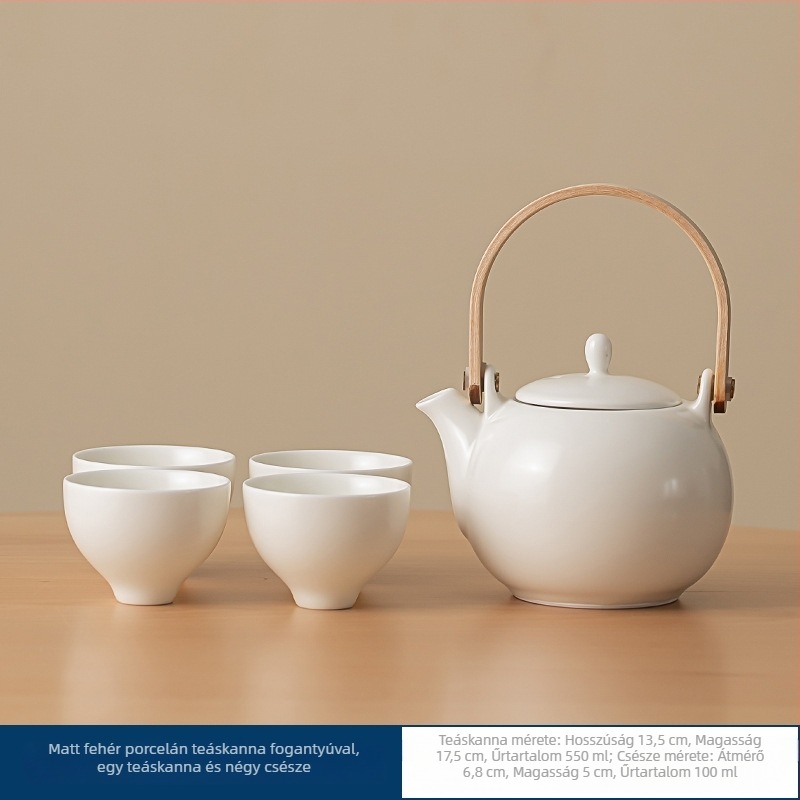 Kerámia teáskanna és teáscsésze készlet ajándékdobozban, fehér porcelán, modern minimalista stílus