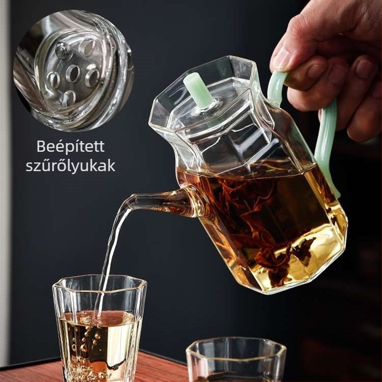 Átlátszó boroszilikát üveg teáskanna zöld teához, Song-stílus utánzat, színes fogantyúval, háztartási használatra