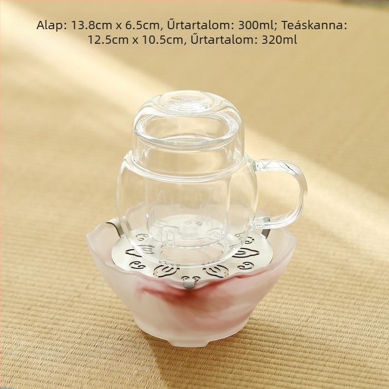 Üvegből készült tea melegítő talapzat, készlet kis teafőzővel és teáskannával, gyertyás melegítés, elegáns dizájn