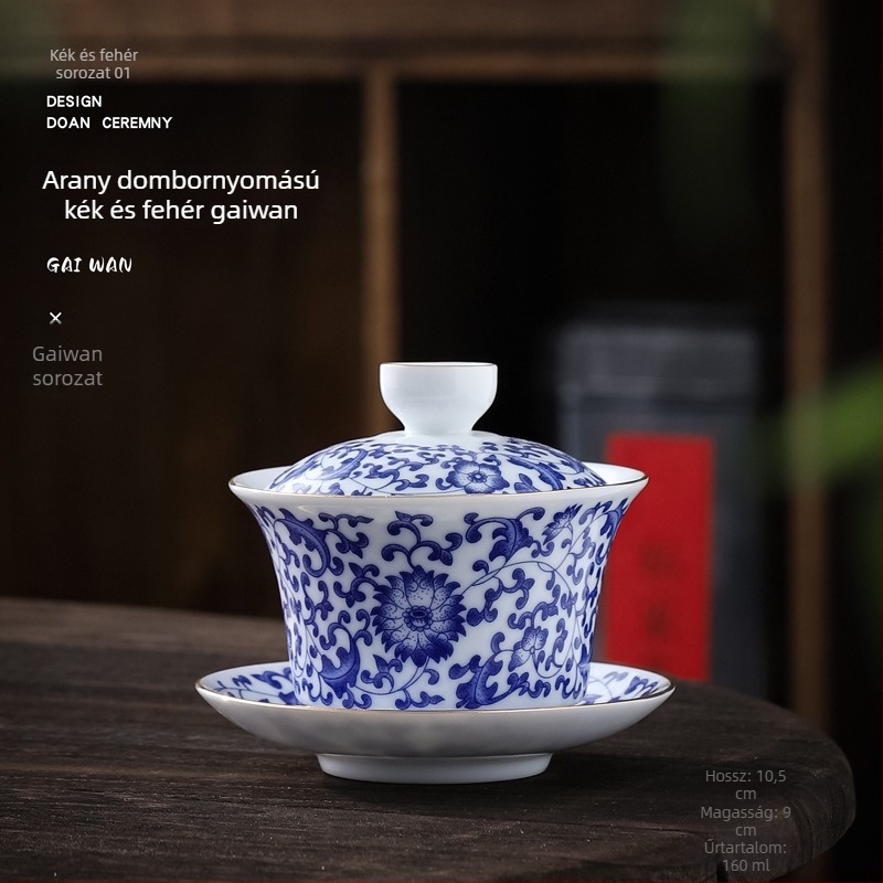 Nagy méretű porcelán gaiwan aranyozott kék-fehér mintával, Gongfu teáskészlet a tea ceremóniához, retro kínai stílus